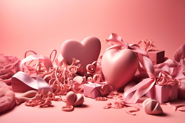 Corações de fitas rosa e presentes dispostos sobre fundo rosa