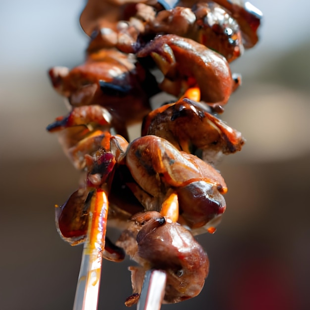 Foto corações de frango grelhados em um close-up de espeto