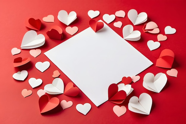 Corações de papel rosa branco e vermelho com papel branco em fundo vermelho