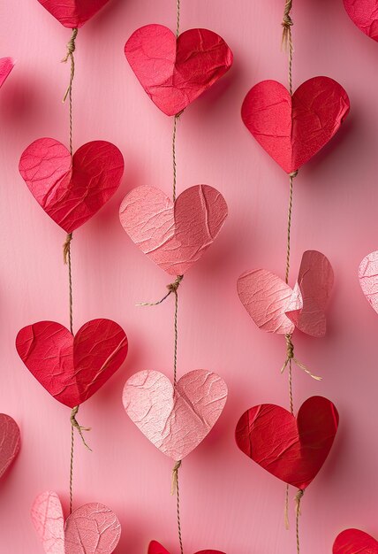 Corações de papel rosa pendurados em fundo rosa