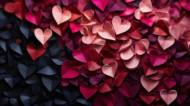 Foto corações de papel rosa roxo magenta azul escuro e vermelho em camadas com efeito bokeh papel de parede de dia dos namorados