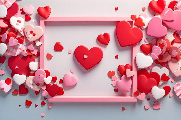 Corações de papel vermelho e rosa 3D com borda branca de valentino