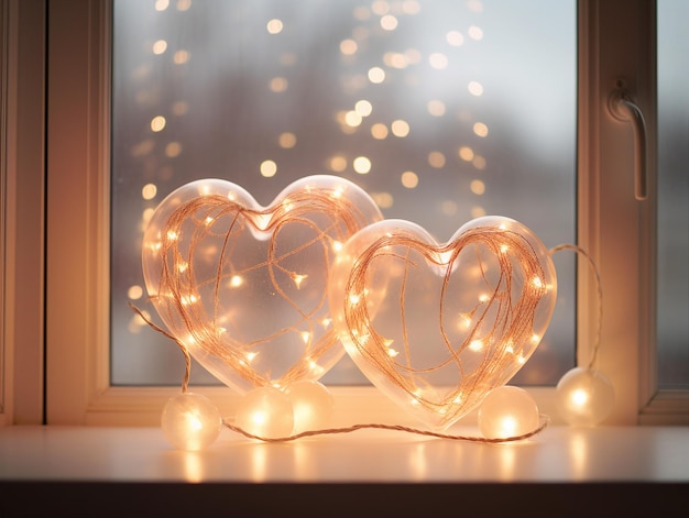 corações de vidro em forma de coração em um peitoril da janela