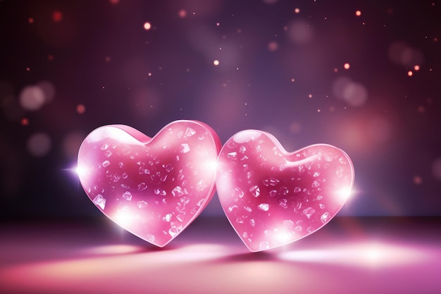 Corações Gêmeos Rosa Brilhando com Brilhos e Amor em Bokeh Background AI Generativa
