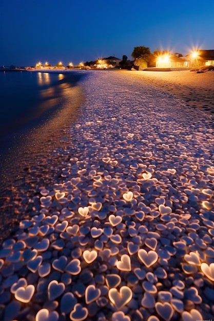 Corações na praia à noite