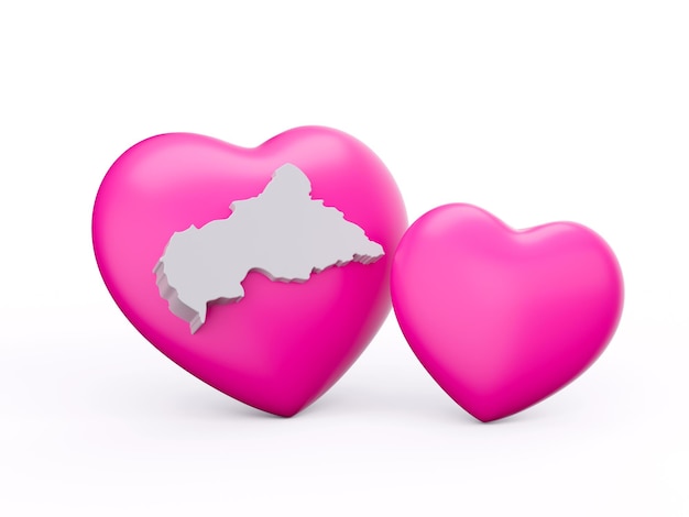 Corações rosa brilhantes 3d com mapa branco 3d da África Central em ilustração 3d de fundo branco