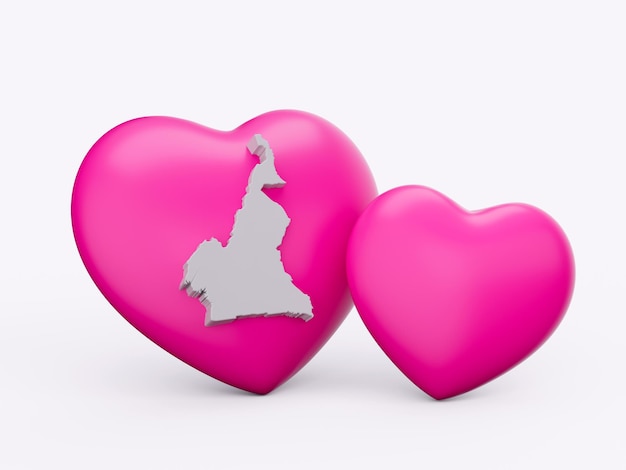 Corações rosa brilhantes 3d com mapa branco 3d de Camarões isolado na ilustração 3d de fundo branco