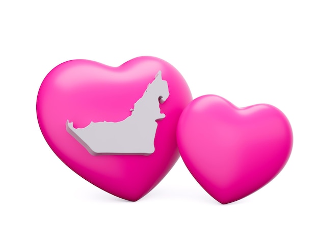 Corações rosa brilhantes 3d com mapa branco 3d de Dubai em ilustração 3d de fundo branco