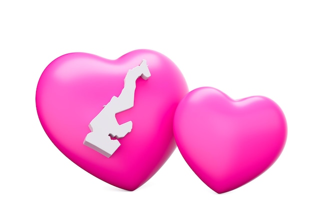 Corações rosa brilhantes 3D com mapa branco 3D de Mônaco isolado em fundo branco Ilustração 3D