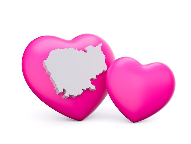 Corações rosa brilhantes 3d com mapa branco 3d do Camboja isolado na ilustração 3d de fundo branco