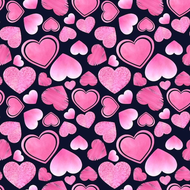 Corações rosa brilhantes de diferentes texturas em um fundo azul escuro Ilustração de aquarela Padrão sem emenda da coleção VALENTINE'S DAY Para decoração e design de papel de embalagem