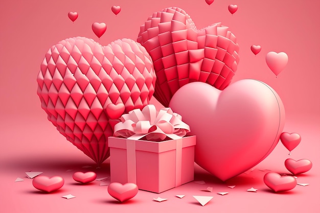 Corações rosa e uma caixa com um laço
