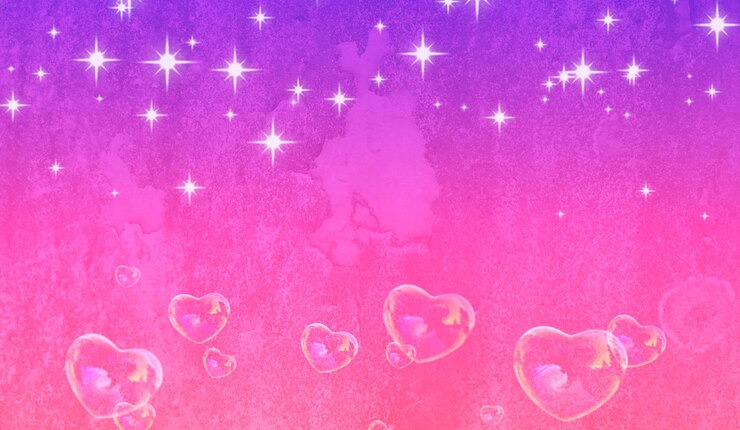 Corações roxos e rosa com as palavras amor no fundo