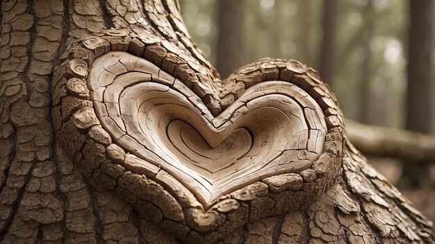 Foto corações unidos, escultura simbólica em um tronco de árvore