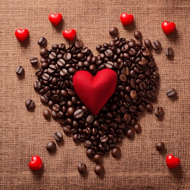 Corações vermelhos com coração de grãos de café em saco Ai Gerado