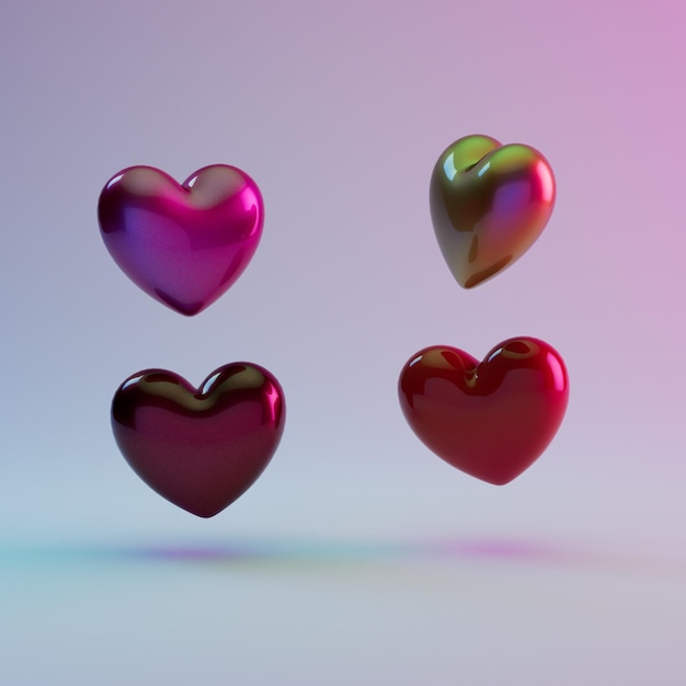 corações vermelhos sobre fundo roxo. renderização 3D. ilustração 3D
