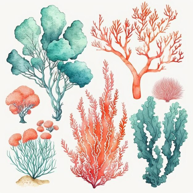 Corais aquarelados e algas sobre um fundo branco