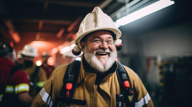 Corajoso bombeiro com equipe de orientação de chapéu de Papai Noel durante exercício no corpo de bombeiros