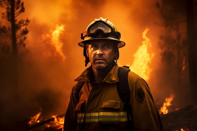 Corajoso bombeiro lutando contra o incêndio florestal Ai