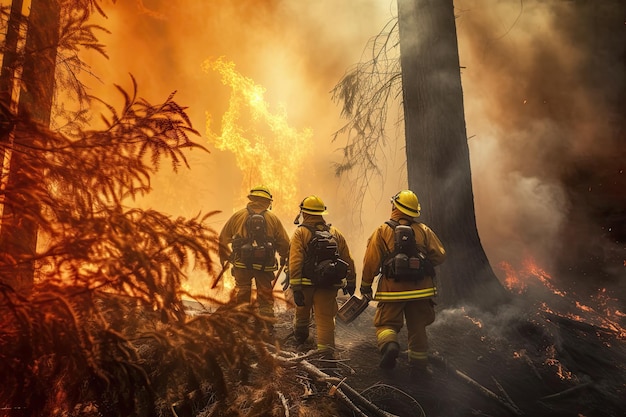 Corajosos heróis bombeiros lutam contra incêndios florestais, desastres naturais Generative AI