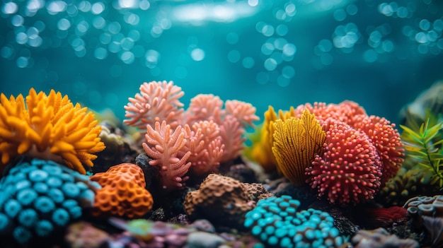 Coral arrecifes coloridos debaixo d'água num oceano iluminado pelo sol