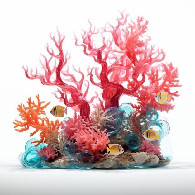 Coral fluido e vítreo e peixes em ilustração 3D