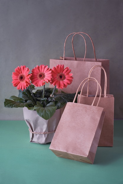 Coral Gerbera Daisy Blumen und Handwerk Papper Einkaufstüten auf Grünbuch