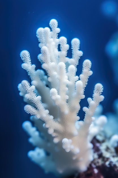 Un coral en un tanque con un fondo azul.