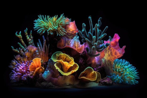 Corales bioluminescentes coloridos que iluminan el fondo del océano creados con AI generativa