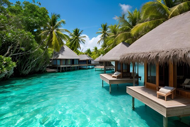 Los corales del cielo perfectos, los peces, la villa sobre el agua.