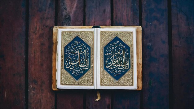 Corán abierto en una mesa de madera