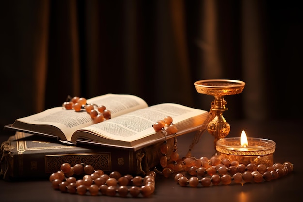 Corão e oração Tasbih em mesa de madeira celebração islâmica