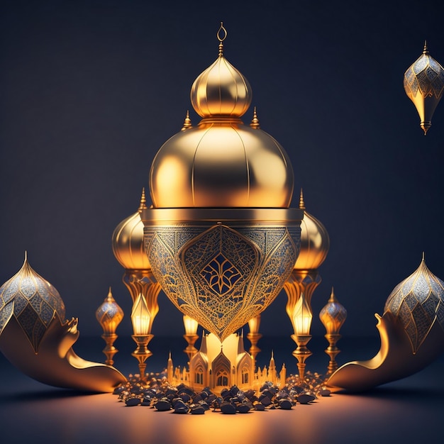 El corazón 3D del Ramadán Kareem Eid Mubarak lámpara elegante real con la puerta sagrada de la mezquita con fuegos artificiales