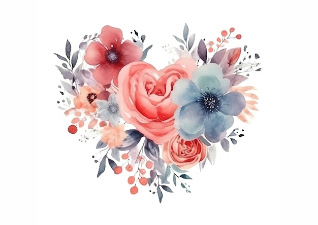 Corazón de acuarela con flores Ilustración pintada a mano para su diseño
