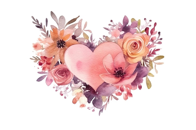 Corazón de acuarela con flores Ilustración pintada a mano para su diseño