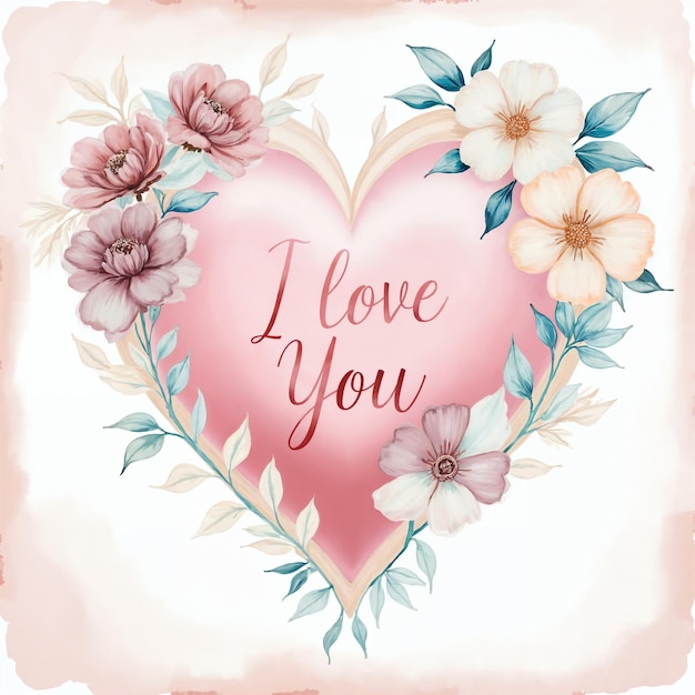 Corazón de acuarela con flores, te quiero