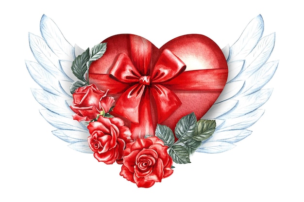 Un corazón de acuarela roja como regalo decorado con un lazo rosas y alas blancas ilustración de acuarela