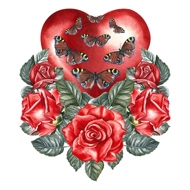 Un corazón de acuarela roja con rosas y mariposas Ilustración de acuarela para tarjetas de San Valentín