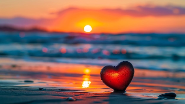 un corazón en el agua con una puesta de sol en el fondo