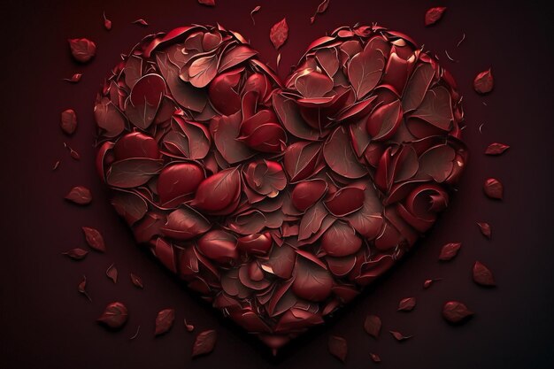 Corazón ai generativo forrado con pétalos de rosa hojas rojas vista superior gotas de rocío