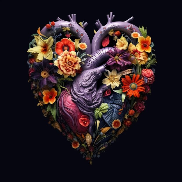 Foto corazón de amor colorido ilustrado realista abstracto hecho de flores frescas de primavera humano decorativo él