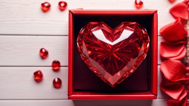 Un corazón de amor de cristal rojo brillante dentro de una caja de regalo perfecta para celebrar el Día de San Valentín