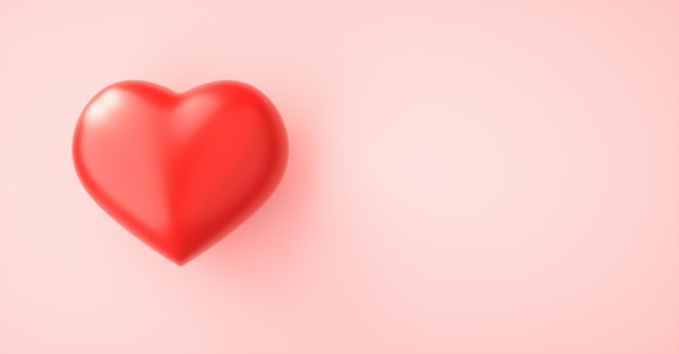 Corazón de amor rojo en fondo de papel rosado con espacio de copia renderización 3D