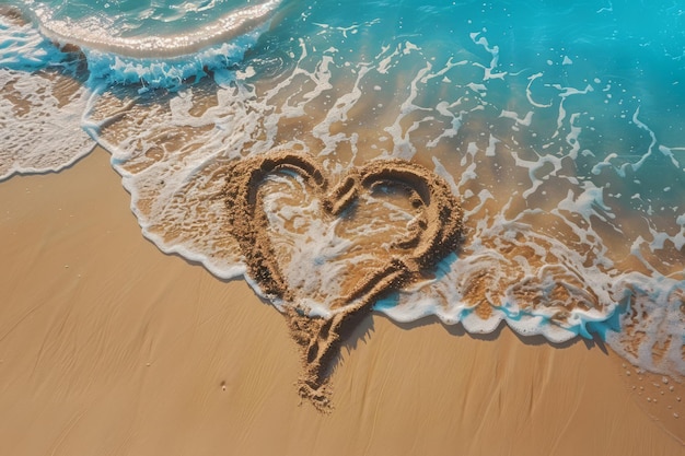 Un corazón de amor romántico dibujado en la arena en una hermosa playa