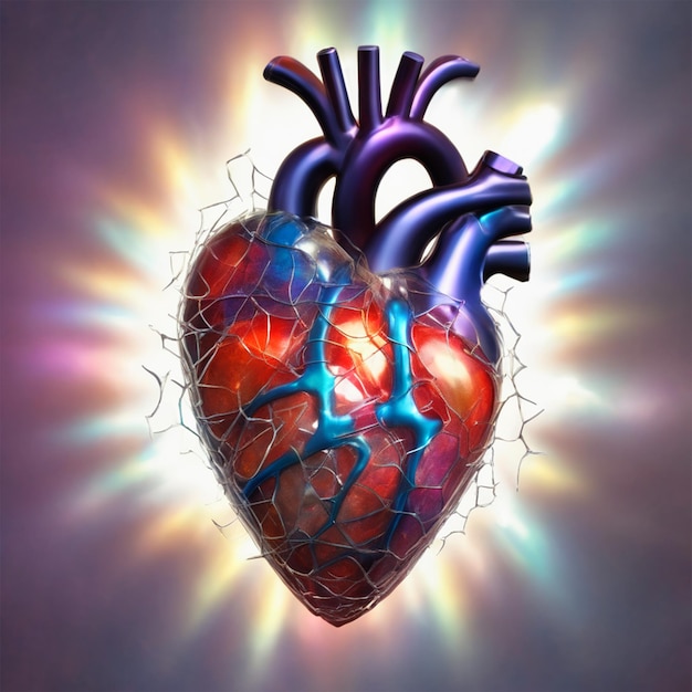 Corazón anatómicamente correcto estallando a través de equipos médicos efecto de vidrio roto sin antecedentes