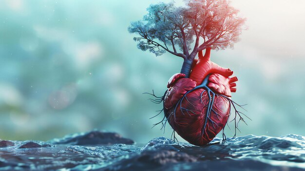 Corazón anatómico con crecimiento de árbol en fondo azul Renderización 3D realista