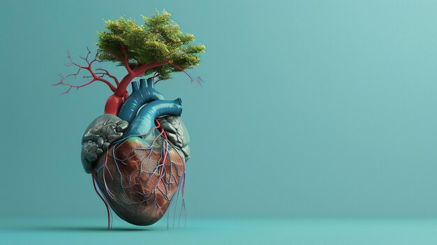 Corazón anatómico con crecimiento de árbol en fondo azul Renderización 3D realista