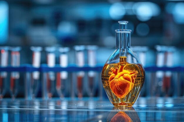 Corazón anatómico en un entorno de investigación científica de fluidos conservantes