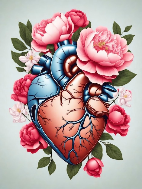 Corazón anatómico con flores de peonía ilustración vectorial