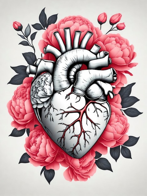 Corazón anatómico con flores de peonía ilustración vectorial